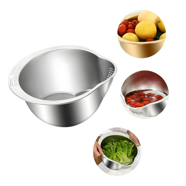 Cesta de drenaje de acero inoxidable | Colador giratorio para verduras, frutas, arroz | Colador extraíble, asas dobles | Herramienta de lavado de cocina multiusos | 1 pieza | 26x13.5cm