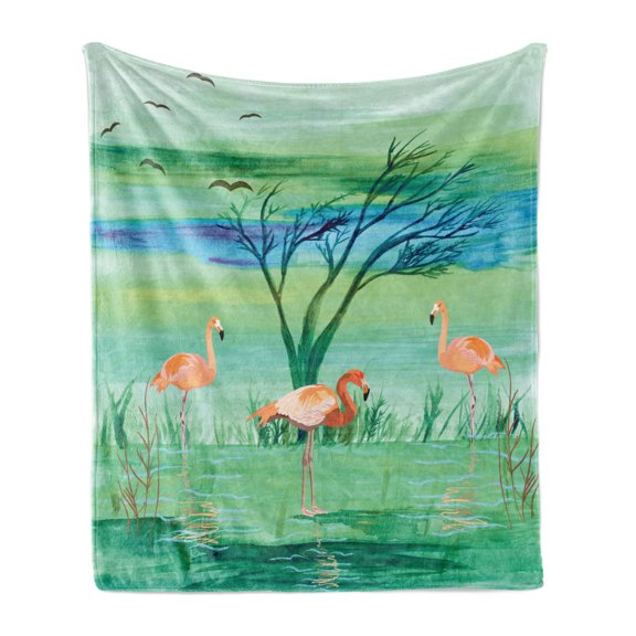 Flamingo Soft Flannel Fleece Throw Blanket, Image with Exotic Birds on Nature Landscape Background Graphic, Cozy Plush for Indoor and Outdoor Use, 50" x 60", Multicolor, by Ambesonne