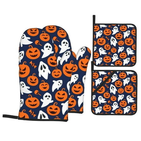 

Oven Mitts and Pot Holders Sets 4 pcs halloween ghost pumpkins Non-Slip Oven Gloves Potholders Soft Quilted Lining Heat Resistant Gloves Hot Pads for Kitchen Cooking Baking