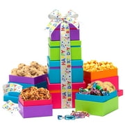 Gourmet Chocolate Food Gift Basket Tower for Birthdays - Curated Snack Box, Sweet and Savory Treats for Parties, Best Wishes, Birthday Presents for Women, Men, Mom, Dad, Her