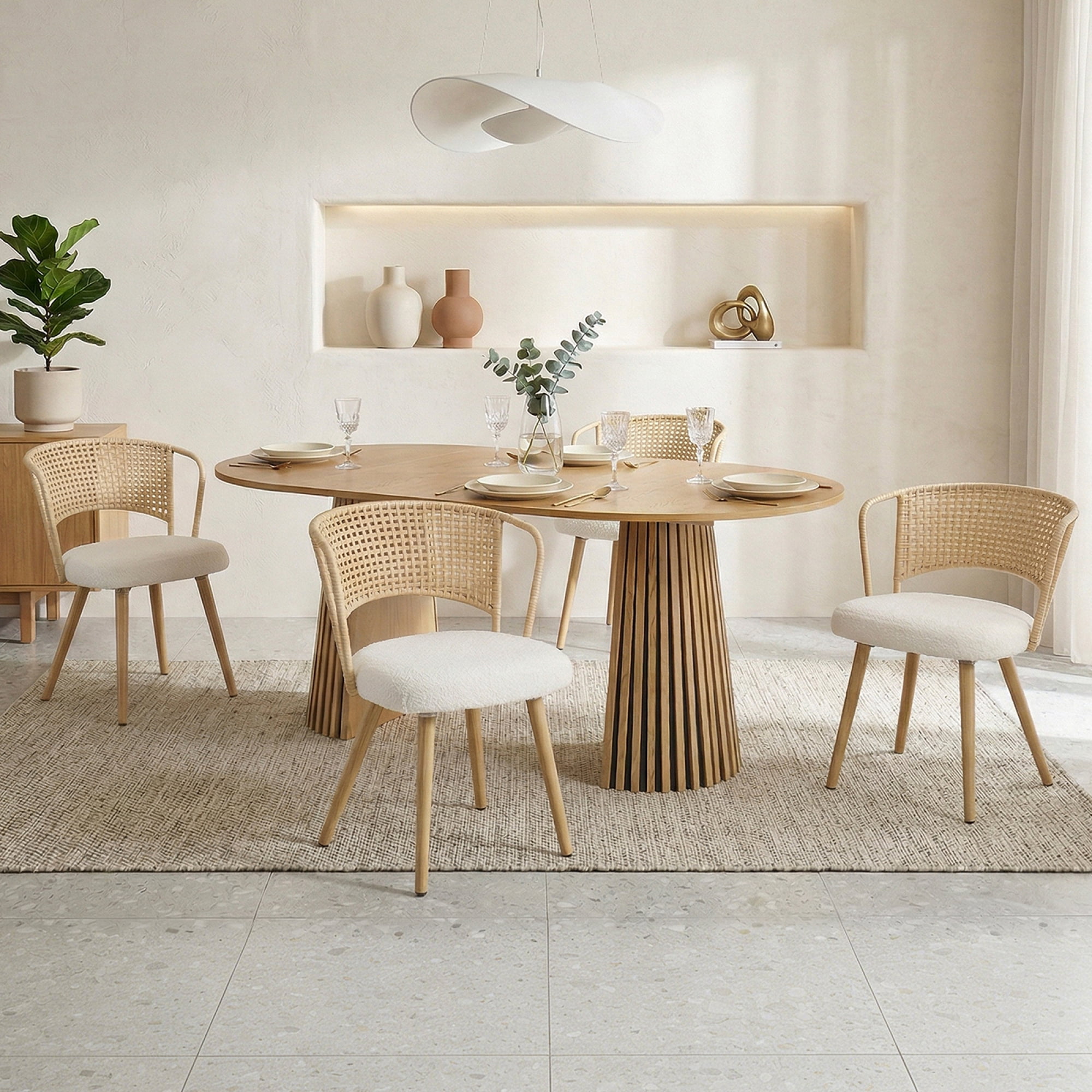 Leumius Set of 4 Wicker Dining Chairs, Farmhouse Soft Cushioned Cane Back Kitchen Chair, Sponge Cushion, Wing-Back Dining Chair with Metal Legs for Home and Kitchen (Brown)