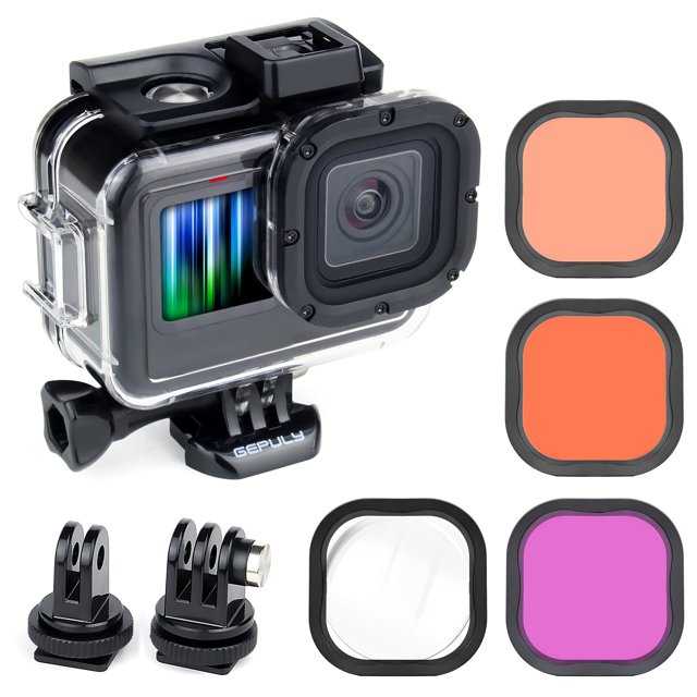 Gepuly Estuche Impermeable Con Filtros De Buceo Para Gopro Hero 13 12 11 10 9 Negro 60M Estuche Protector Submarino Para Buceo Con Snorkel Rojo Magenta 5X Filtros Macro De Primer Plano