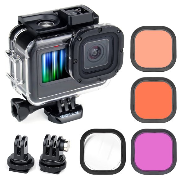 Gepuly Estuche Impermeable Con Filtros De Buceo Para Gopro Hero 13 12 11 10 9 Negro 60M Estuche Protector Submarino Para Buceo Con Snorkel Rojo Magenta 5X Filtros Macro De Primer Plano