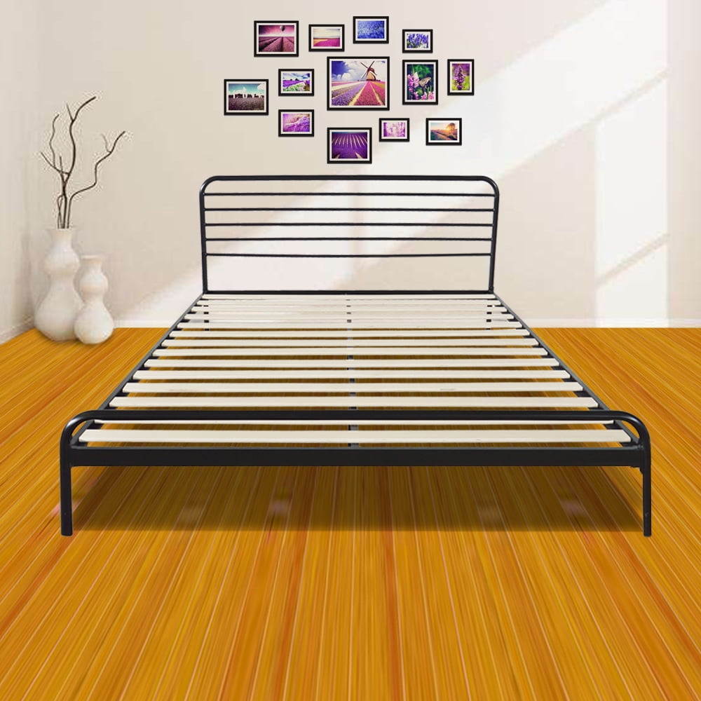 Zimtown Sy Metal Bed Frame Queen Size Platform Mattress Foundation Headboard Wood Slat Support No Box Spring Needed Black
