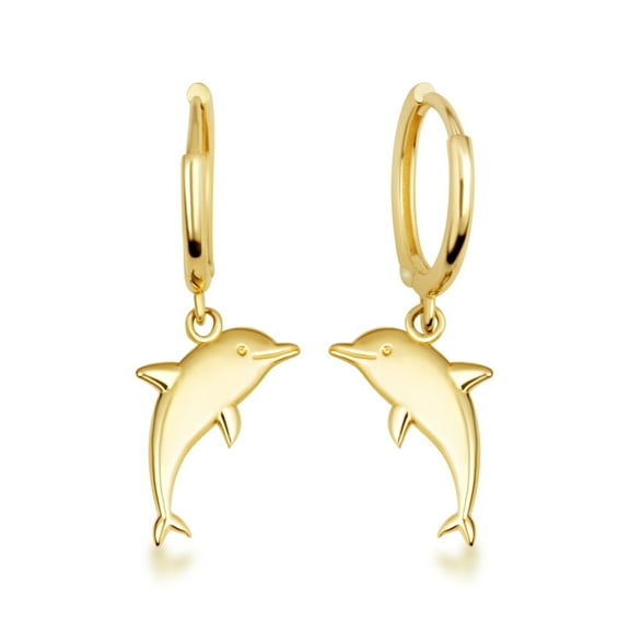 Yellow Gold Marine Dolphin Cuban Link Huggie Hoop Earrings (14K)