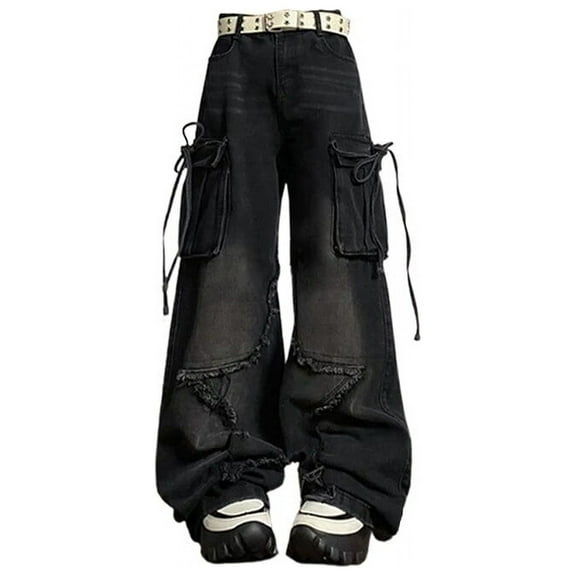 Women's Black Gothic Baggy Cargo Jeans with Star Harajuku Y2k 90s Aesthetic Denim Trousers Emo 2000s Jean Pants Vintage Clothes