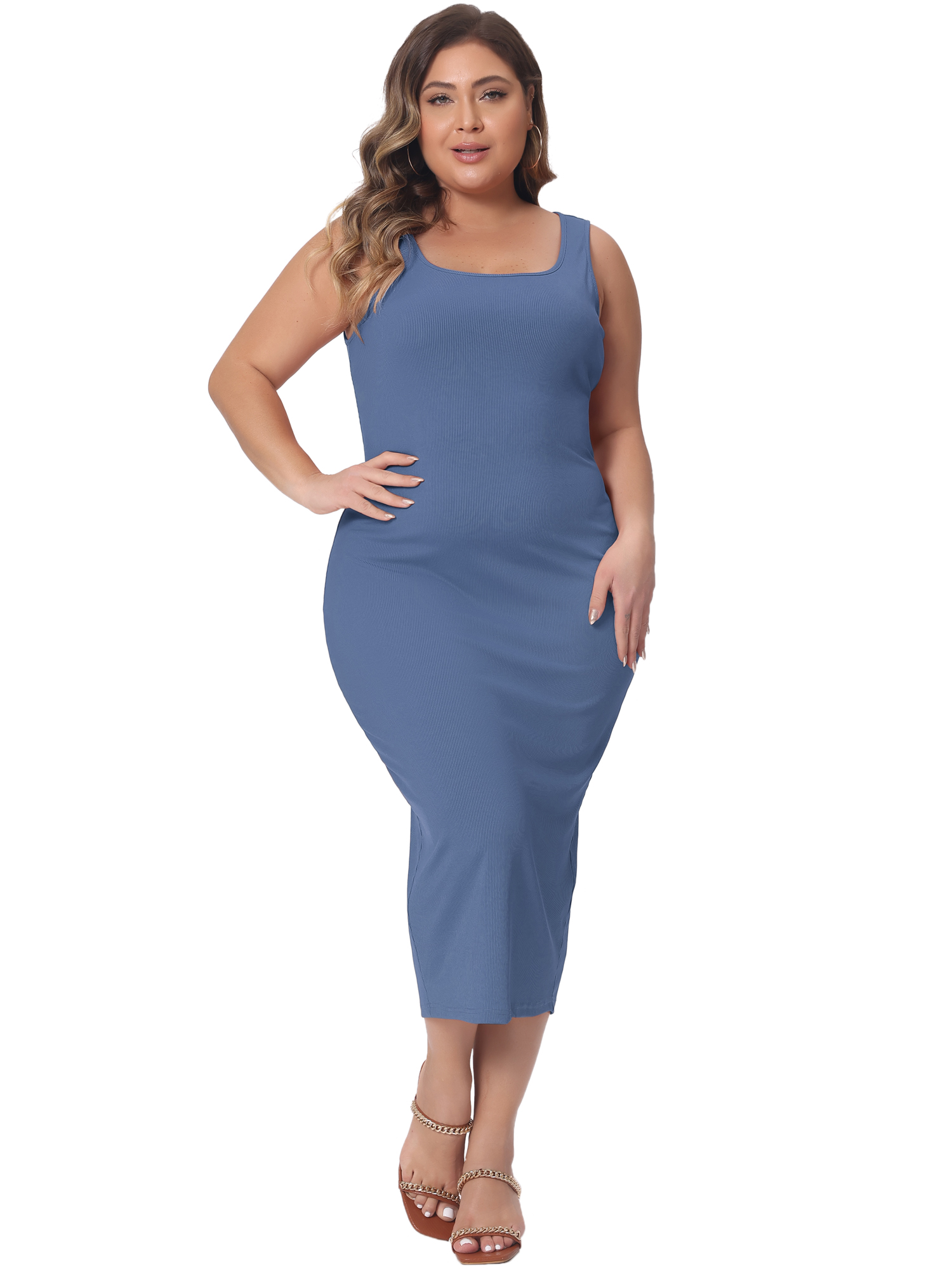 DARING DIVA Women's Plus Size Sleeveless Square Neck Bodycon Midi Tank Dress 3X Blue