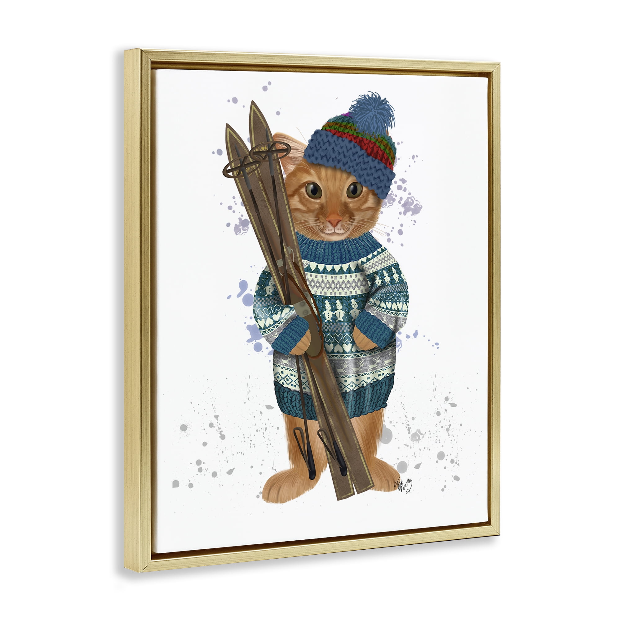 Stupell Industries Cat with Winter Skis Animals & Insects Painting Gold Floater Framed Canvas Art Prints Wall Art, 25 x 31