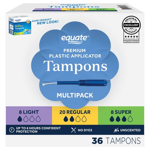 Equate Tampons with Premium Plastic Applicators, Unscented, Light/Regular/Super (36 Count)