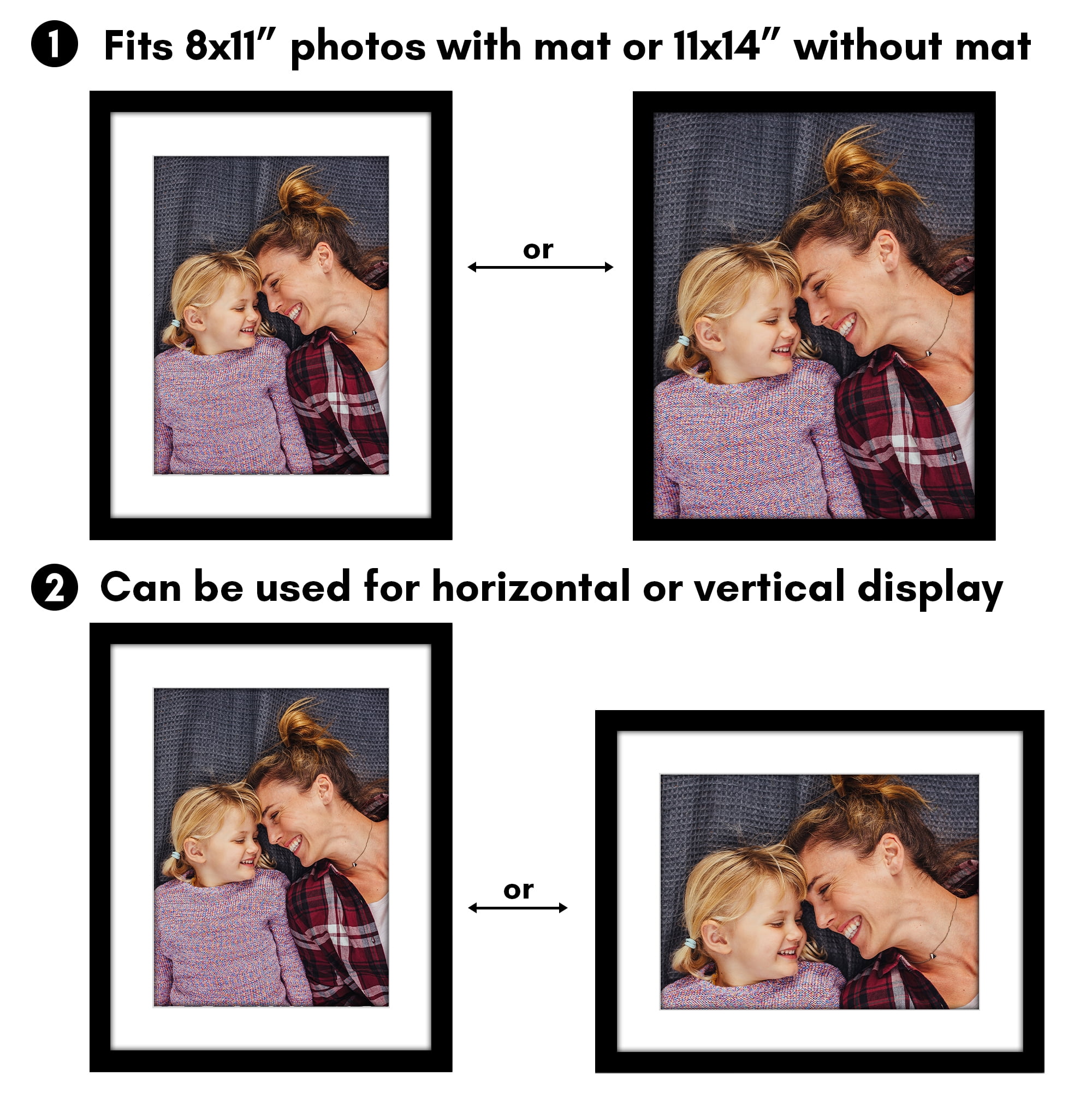 Americanflat 11x14 Picture Frame with Polished Plexiglass with 8x11 Mat 5 Pack Display Photo Galleria - Black