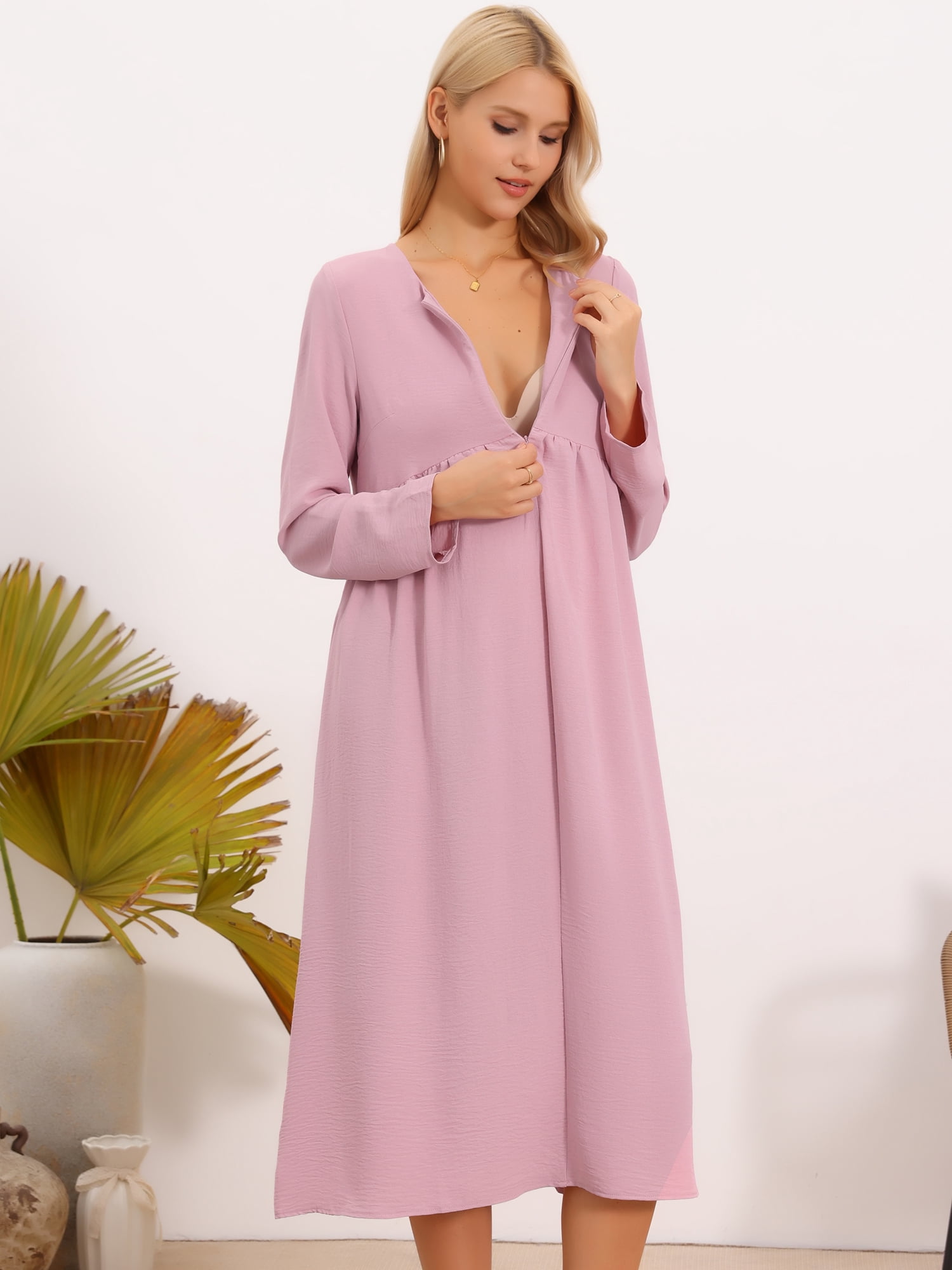 DARING DIVA Women's Maternity Nursing Dress Long Sleeve Midi Round Neck Pleated 2XL Pink