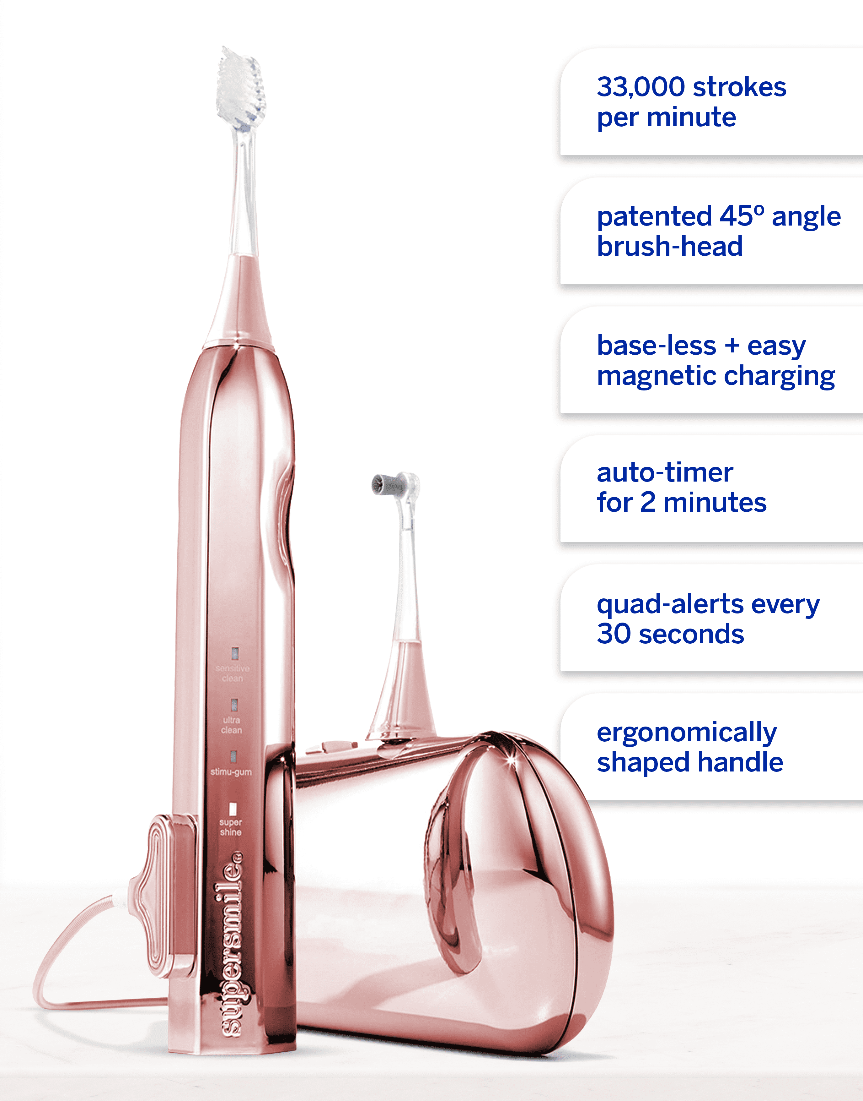 Supersmile Zina45 Deluxe Sonic Pulse Electric Toothbrush with Patented 45° Soft Bristles, USB Rechargeable Whitening Polishing Head and Travel Case for Adults & Children