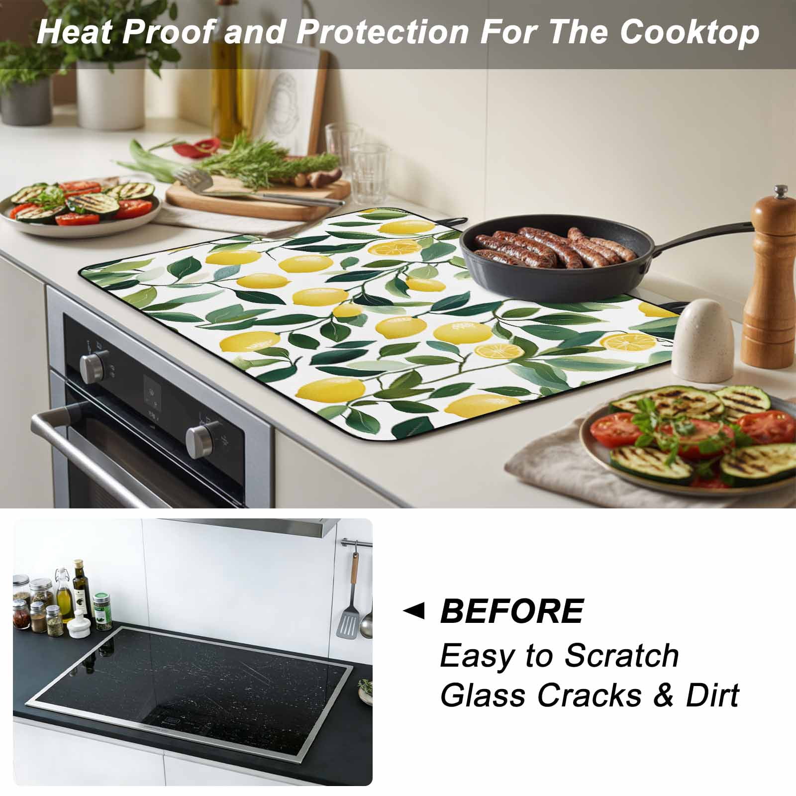 Summer Lemon Stove Top Cover for Electric Stove, Heat-proof & Non Slip Glass Top Stove Cover Protector, Yellow Fruits Green Botanical Pastoral Kitchen Flat Cooktop Rubber Mat 24x21 Inches