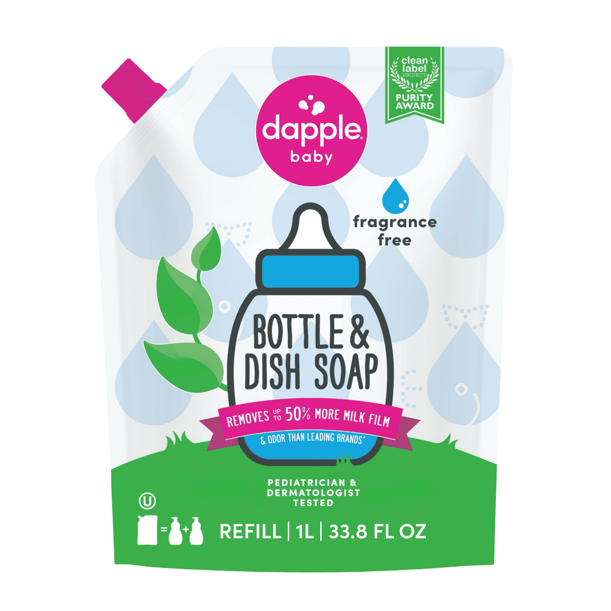 (8 pack) Dapple Baby Bottle and Dish Soap Refill for Baby Products, Fragrance Free, 33.8 fl oz