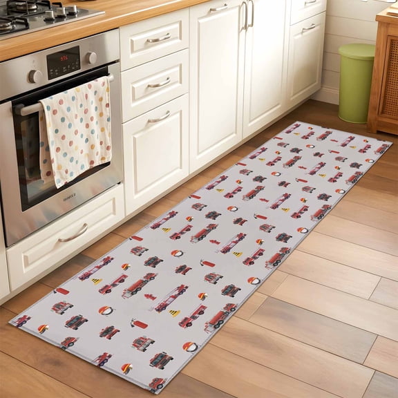 Runner Rug 2 x 6 Ft, Cartoon Car Washable Non-Slip Floor Mat for Kitchen Hallway/Entryway, Funny Red Black Fire Truck Print Vintage Long Kitchen Runner Area Rugs for Living Room, Low-Profile