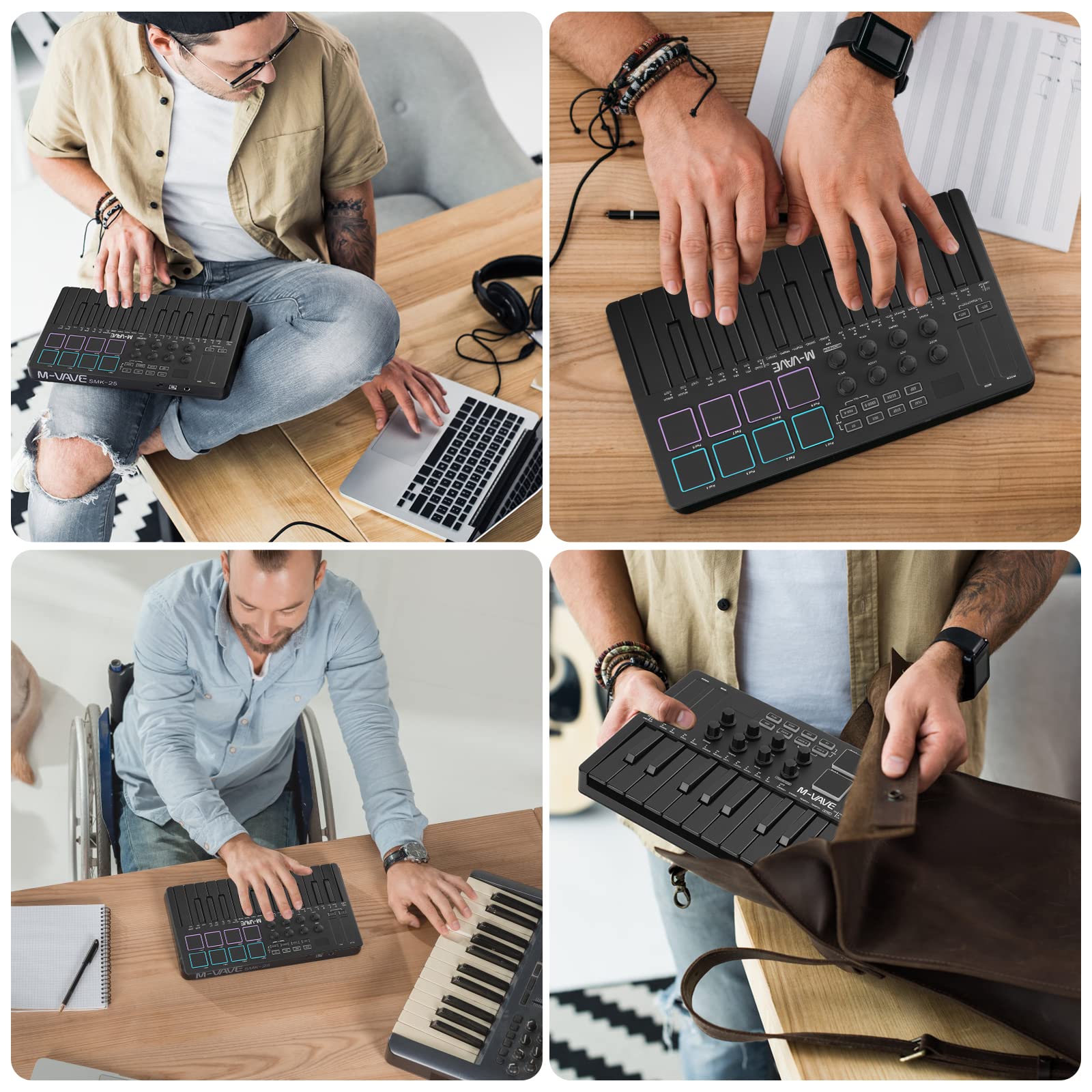 25 Key USB MIDI Keyboard Controller With 8 Backlit Drum Pads, Bluetooth Semi Weighted Professional dynamic keybed 8 Knobs and Music Production,Software Included (Black)