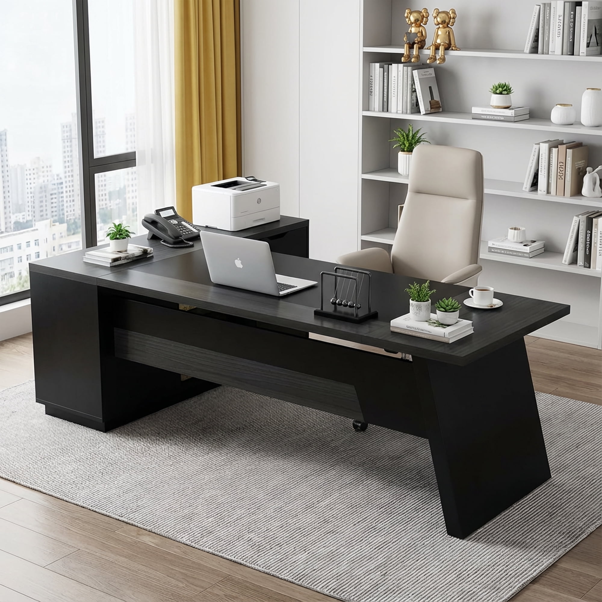 Modern L-Shaped Executive Desk 78-Inch Large Office Desk with Lateral File Cabinet and Storage Shelves Home Office Workstation Walnut Black