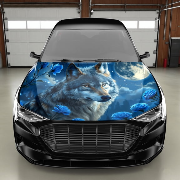 Aesthetic Blue Flowered Wolf Car Vinyl Wrap, PVC Waterproof Car Hood Vinyl Wraps Sticker, Self-Adhesive Scratch-Resistant Stickers for Engine Cover, Car Decal for Trucks