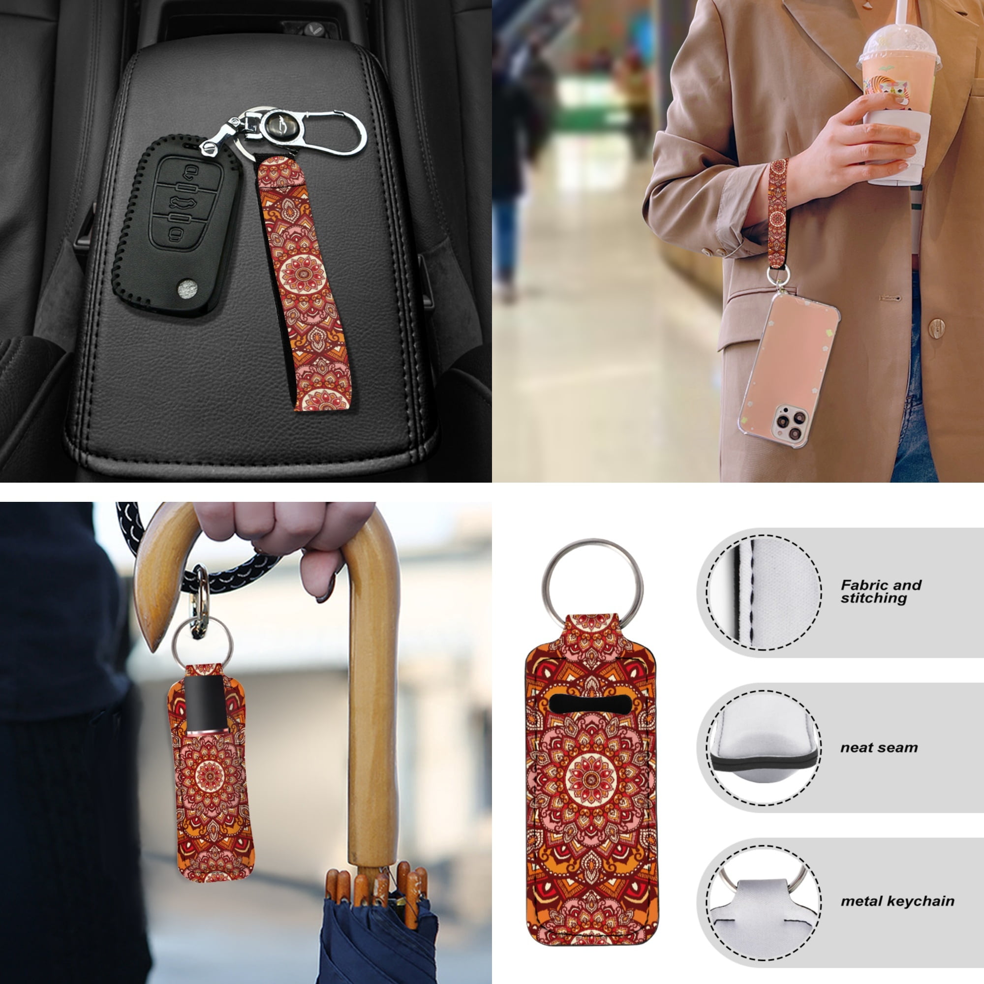 Jeiento Orange Boho Mandala 13 Pack Car Seat Cover Set with Steering Wheel, Seat Belt Strap, Armrest, Coaster, Keychain, Lipstick Holder Universal Auto Interior Sets - Fit SUV, Sedan, Van, Truck