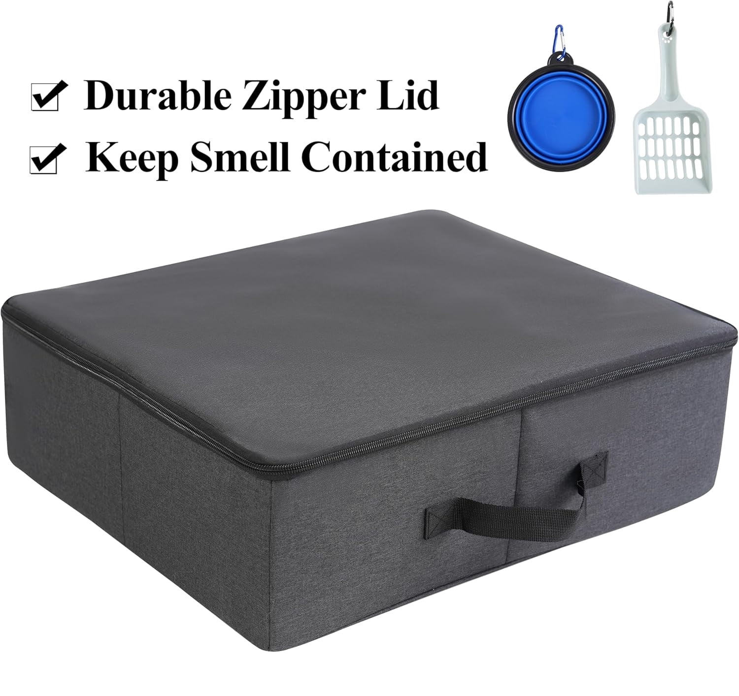 Portable Cat Travel Litter Box with Zipped Waterproof Bag,Collapsible Litter Carrier for Cat with Zipped Lid and Handle, No Leakage, No Smell, Easy to Carry and Use in Hotels, Car Black