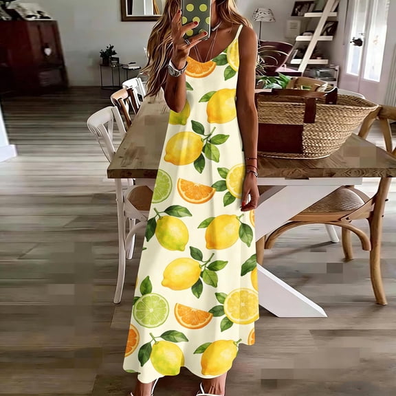 QUNYINEY Casual Sundresses for Women Lemon A Line Long Sleeveless Slip Dress Beach Loose Fit Summer V Neck Yellow Dresses