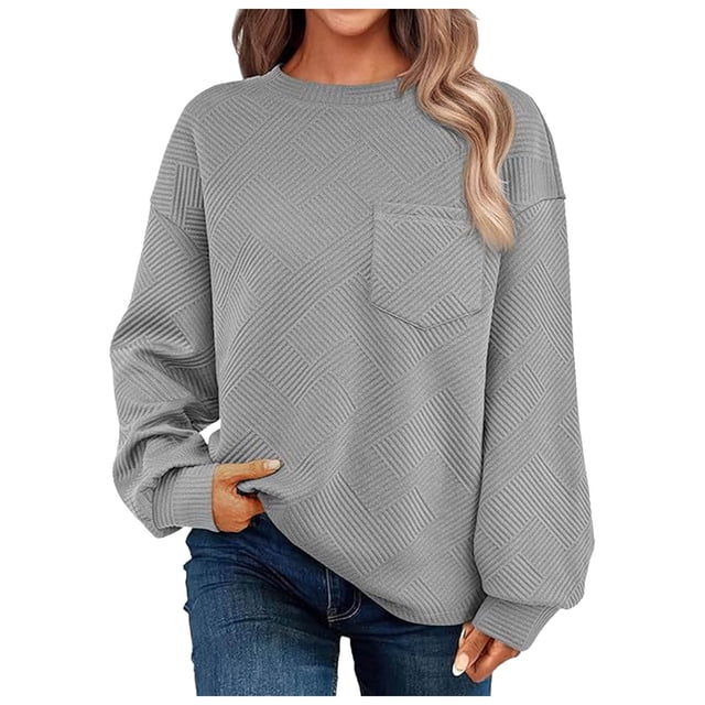 WEAIXIMIUNG Sweatshirts pour Femmes Pull Décontracté Couleur Unie Col Rond Manches Longues avec Poche
