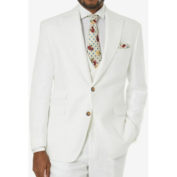 Tayion Collection Mens Linen Two Button Blazer Jacket, White, 40 Long