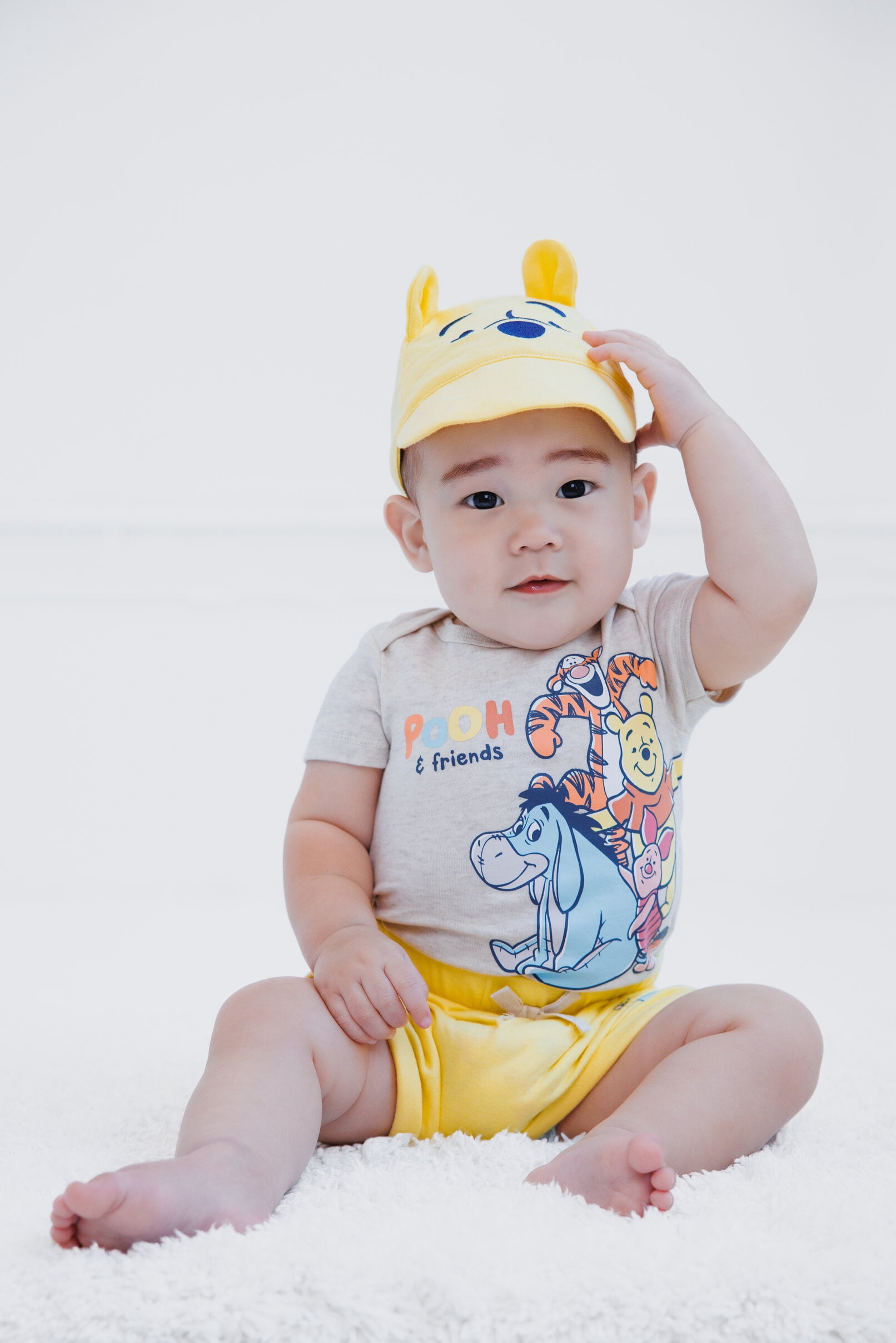 Disney Winnie the Pooh Eeyore Tigger Bodysuit, Shorts and Baseball Cap 3 Piece Outfit Set Newborn to Infant