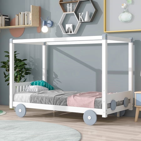 Euroco Wood Twin Size Canopy Bed  Car-Shaped Platform Bed for Kids  White & Gray