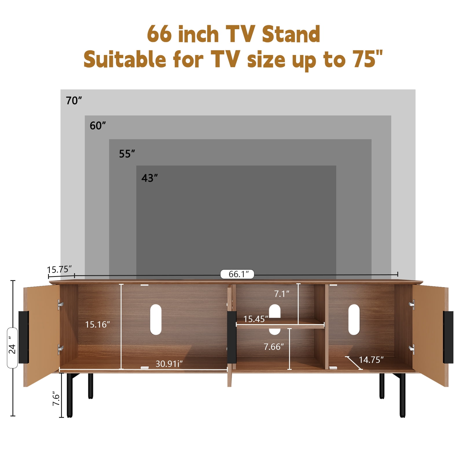 HLR Mid Century Fluted 66" TV up to 75" Stand with Storage, Modern Wooden Entertainment Center Console for Living Room, Brown