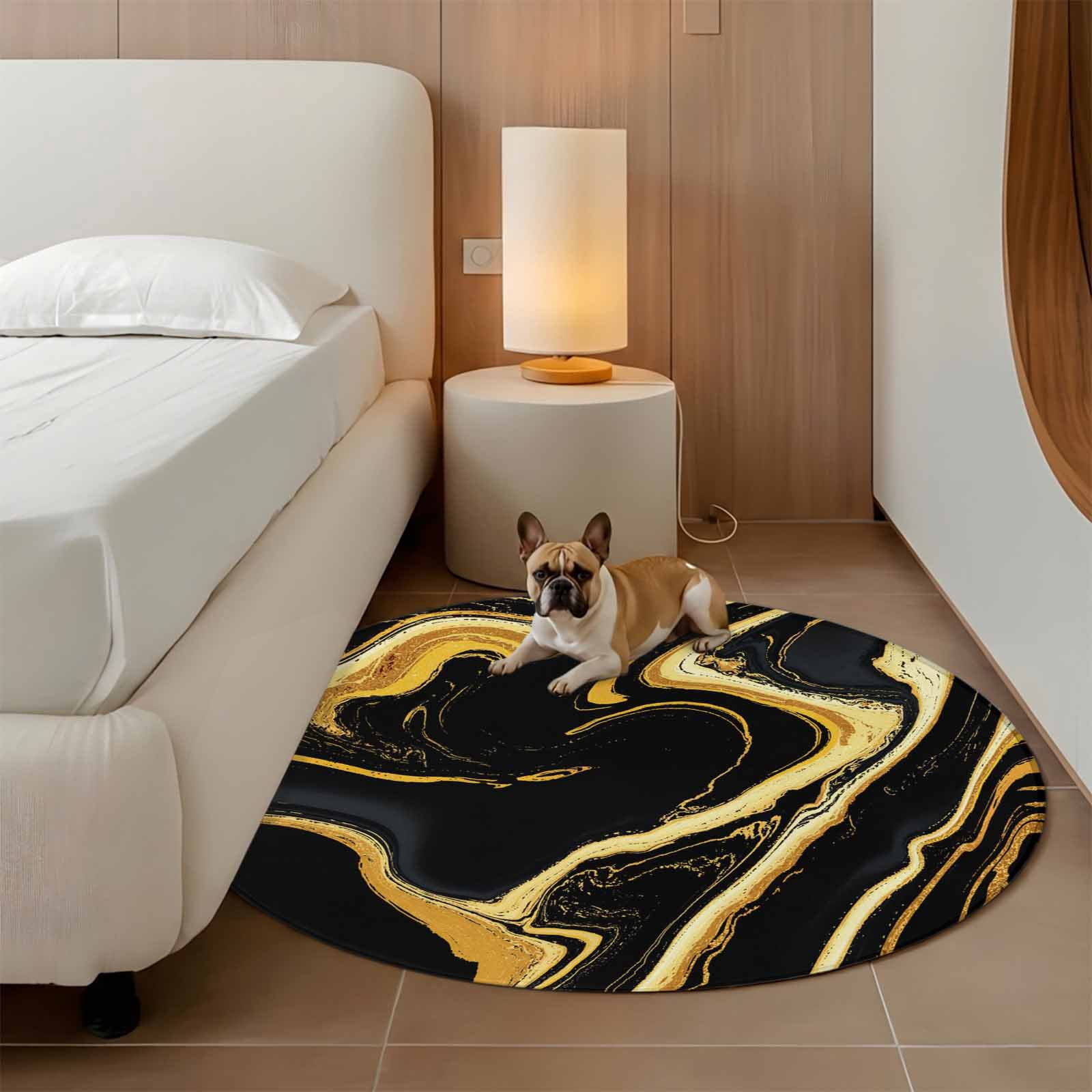 Black Gold Round Living Room Rugs 7 ft, Marble Luxury Abstract Glitter Fluid Pattern Washable Area Rug with Non-Slip Sturdy Edge Binding Round Carpet for Kitchen Office Bedroom
