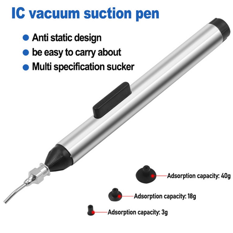 Mini IC Pick Up Tool – Vacuum Sucking Pen With 4 Suction Headers – For IC SMD SMT – Lifts Up To 40g – Plastic & Alloy – 13mm X 72mm