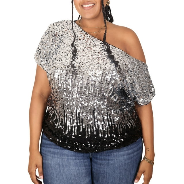 Women's Plus Size Sequin Sexy One Shoulder Short Sleeve Holiday Top