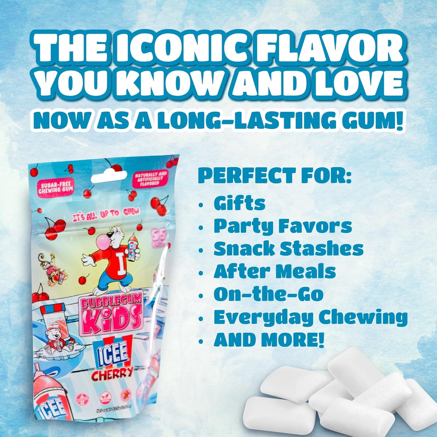 Bubblegum Kids ICEE Sugar Free Gum with Xylitol, Low Calorie Chewing Gum, Blue Raspberry Flavor, 10-Pack (55 Count/Pack)