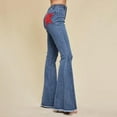 thumbnail image 5 of Women's Star Patchwork Bell Bottom Jeans Mid High Waist Bootcut Flare Stretch Denim Pants Casual Slim Fit Frayed Hem Blue, 5 of 7