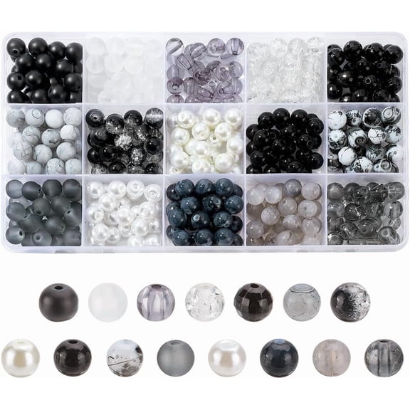 375 Pcs 8mm Glass Beads 15 Styles Black Bracelet Beads Glass Beads Round Loose Spacer Beads