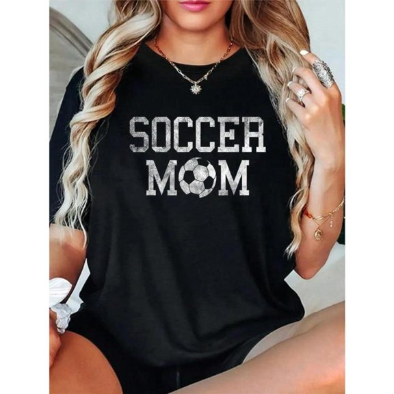 Sports - Themed Printed Tee,Tops Features "SOCCER MOM" Text with Soccer Ball Design, Round Neck Regular Fit T - shirts, Size(S - 5XL)