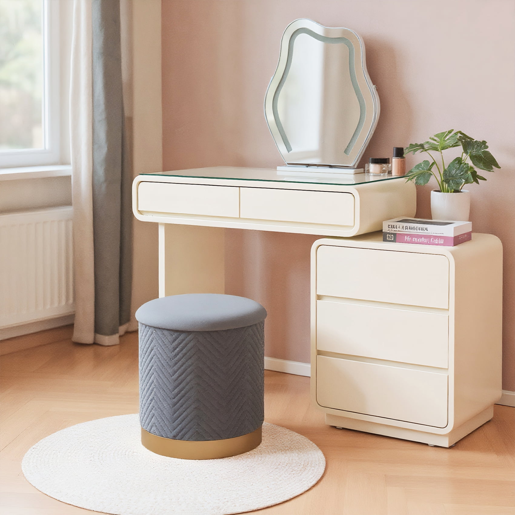 PINPLUS 15" Round Storage Ottoman with Tray Gold Edge Stool Leg Foot Rest for Living Room Gray,Velvet Fabric