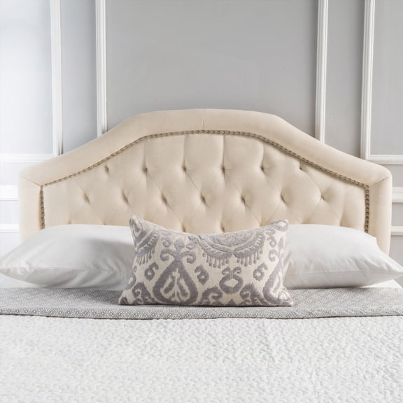 Queen Size Headboard in Contemporary Style - Solid Wood & Metal Legs, Nailhead Trim & Tufted Stitching (Adjustable Height)