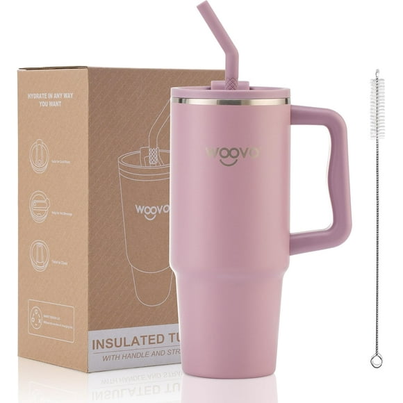 TRAHOO-30 oz Tumbler with Handle and Straw, BPA Free Travel Mug with Handle and Splash-Proof Lid, Double wall Stainless Steel Insulated Cup with Handle, Mauve