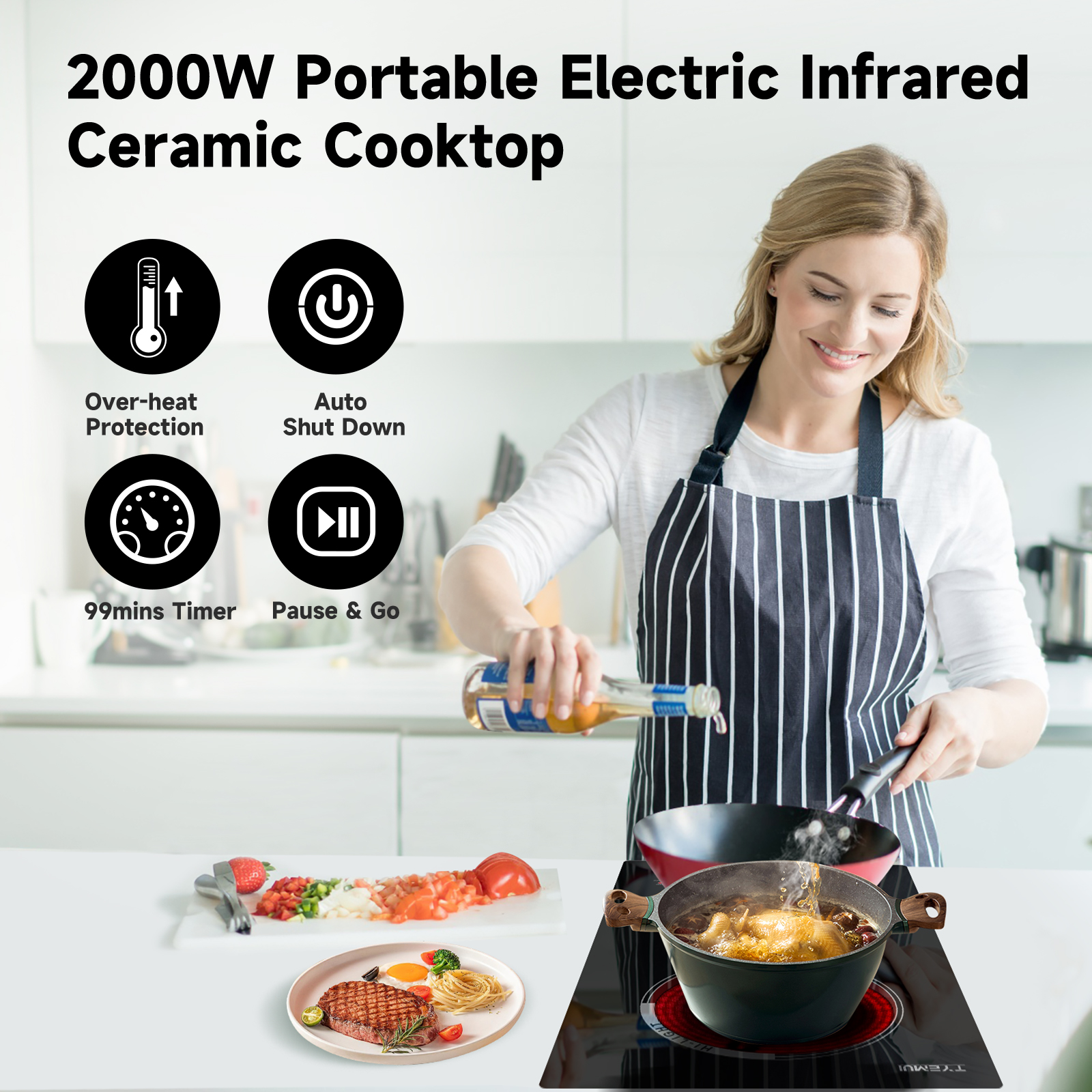 TYEMUI 12 inch Electric Cooktop, 2 Burners Ceramic Stove Top with Plug, Timer, Booster, Keep Warm, Child Lock, Pause,Kitchen Hot Plates With Two Burners