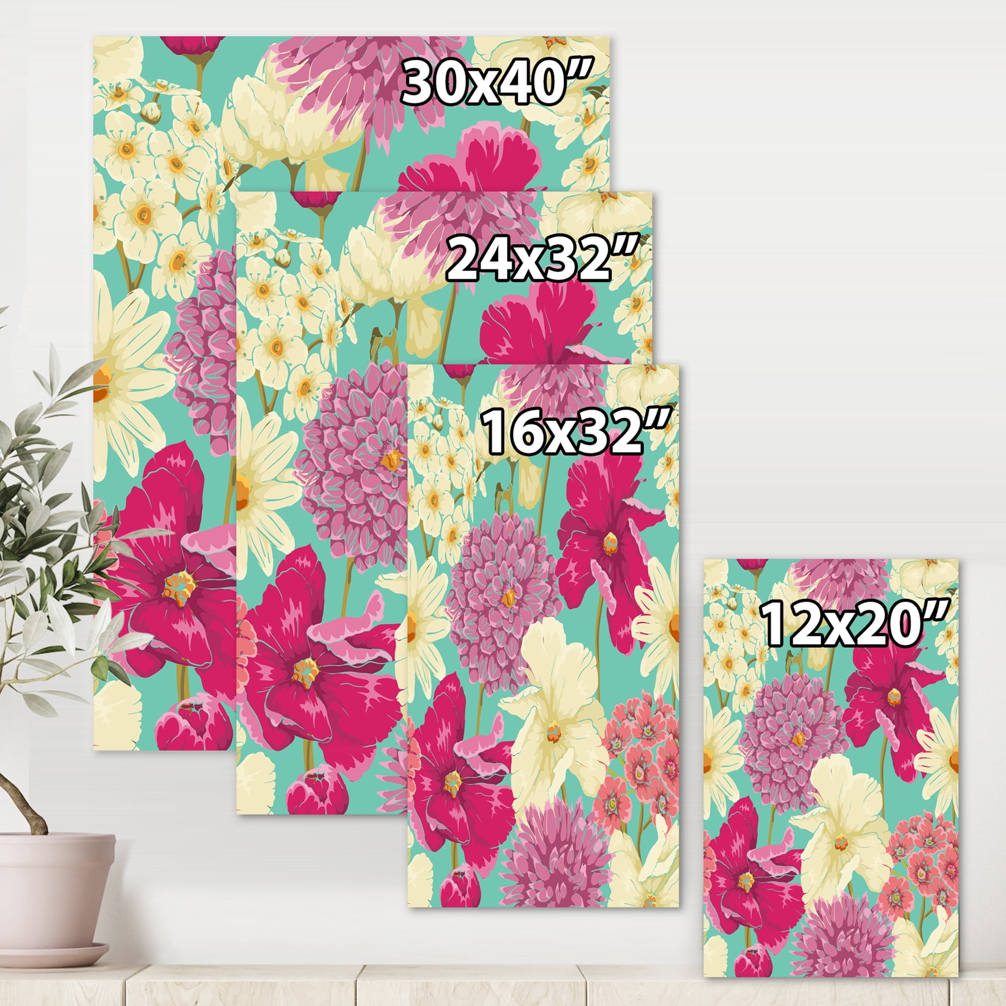 Designart ' Vintage Yellow and Pink Flowers ' Traditional Canvas Wall Art Print