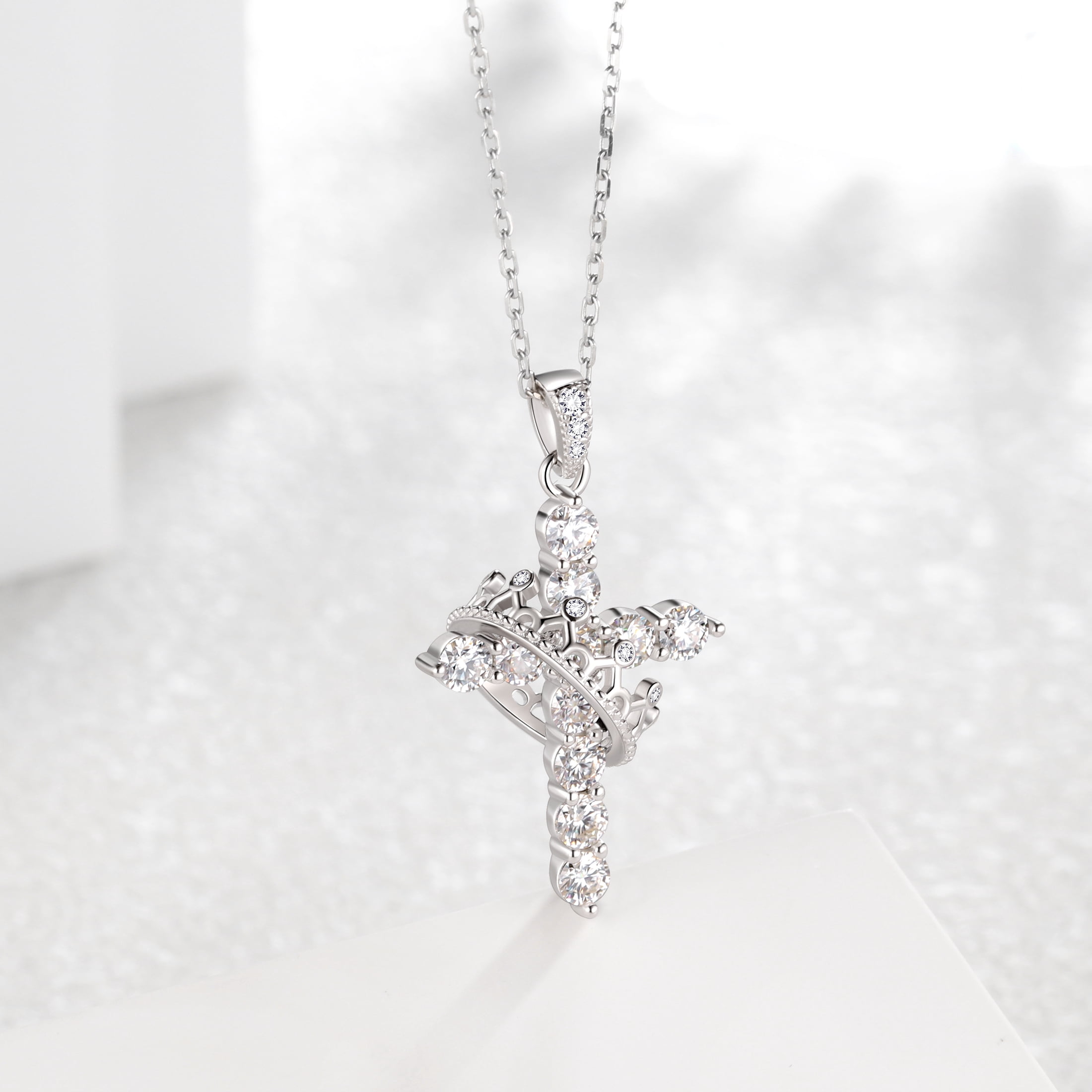 Beautlace Cross D Color VVS1 Moissanite Necklace,925 Sterling Silver Rotated Crown Round Cut Simulated Diamond Pendant Necklace Jewelry Gift for Women Wife Lover