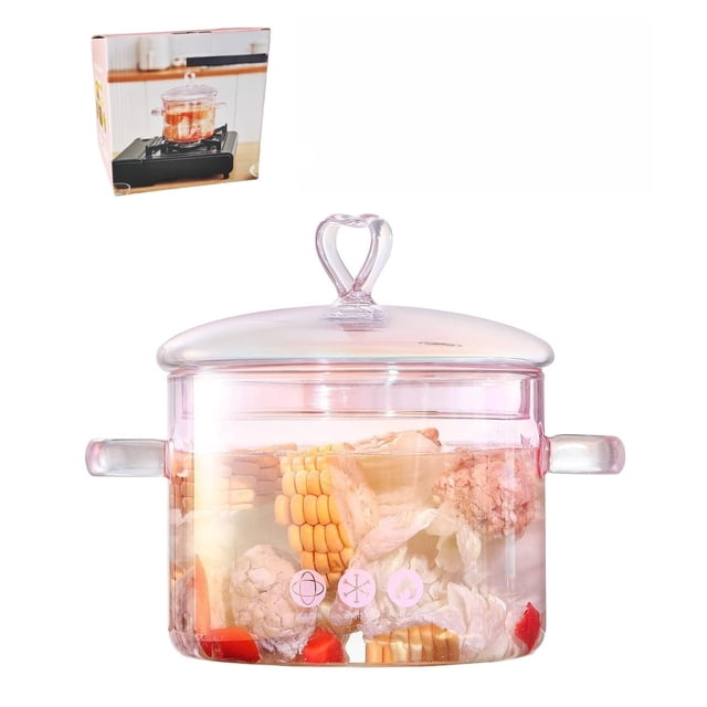 Olla de vidrio para cocinar XCTFWKzK de 1,5 L resistente al calor con tapa rosa