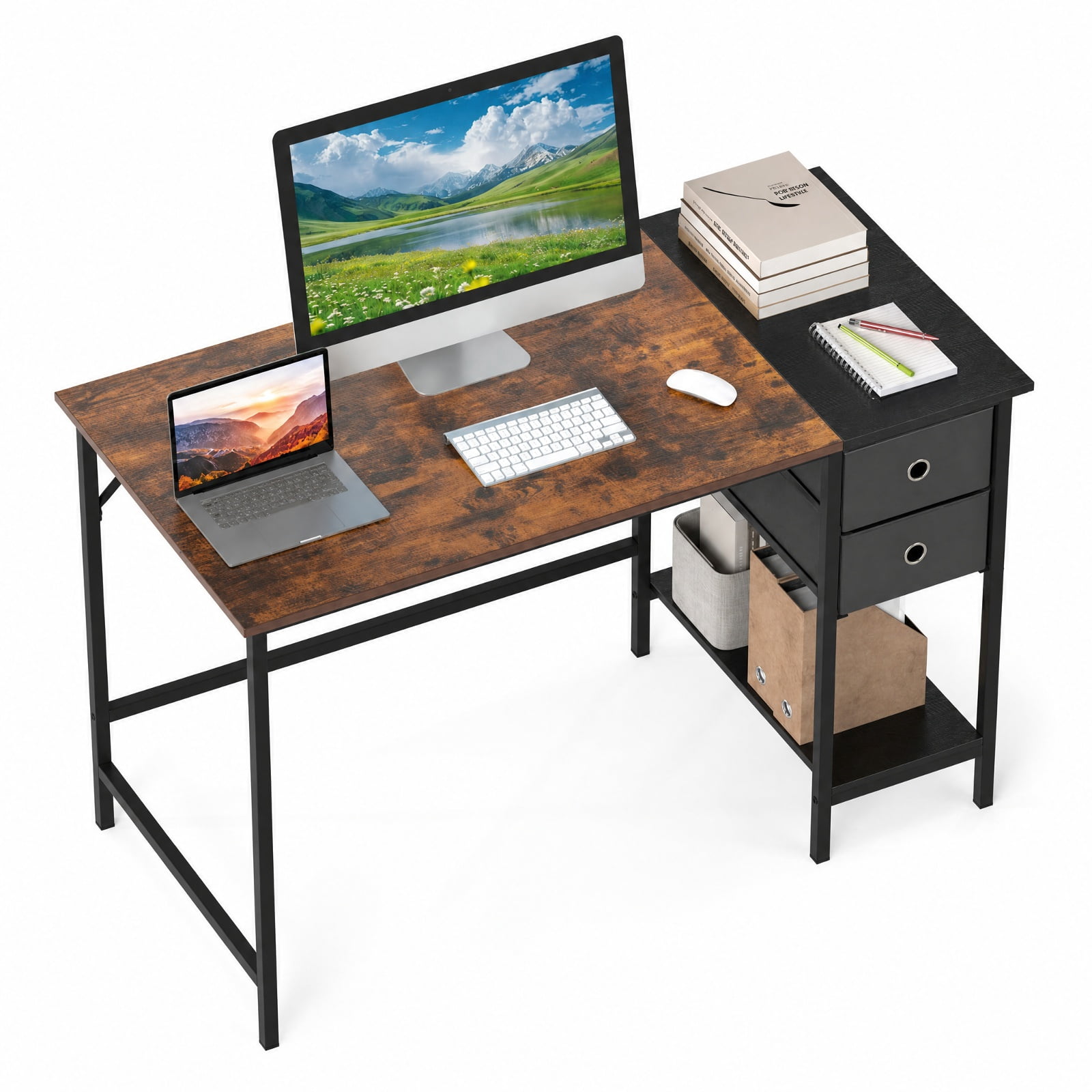 Furnibear 48 Inch Computer Desk with 2 Fabric Drawers Industrial Home Office Desk for Home Office Study Computer Writing Workstation, Rustic Brown