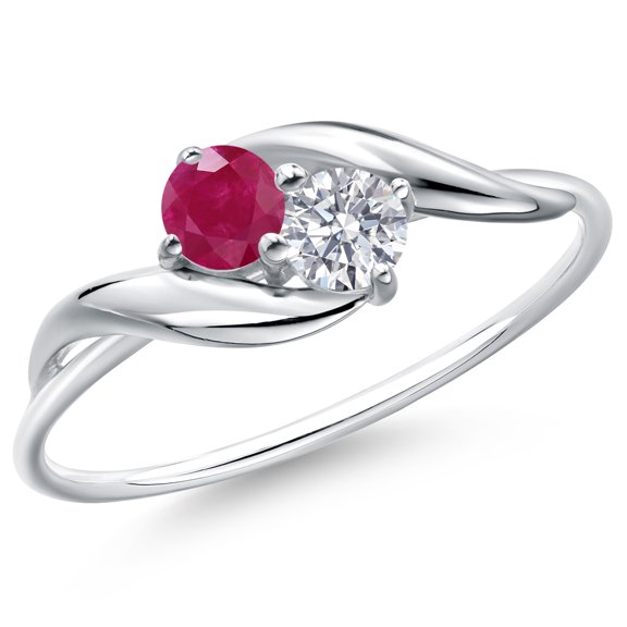 Gem Stone King 10K White Gold Round Red Ruby and White Lab Grown Diamond Ring for Women (0.42 Cttw, Round 3.5MM, Gemstone July Birthstone, Size 8)