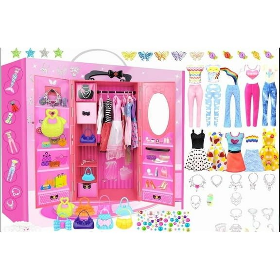 106 Pcs Doll Closet Wardrobe Set Closet Playest Toys Doll Clothes and Accessories for 11.5 Inch Doll Including 106 Pieces Clothes and Accessories