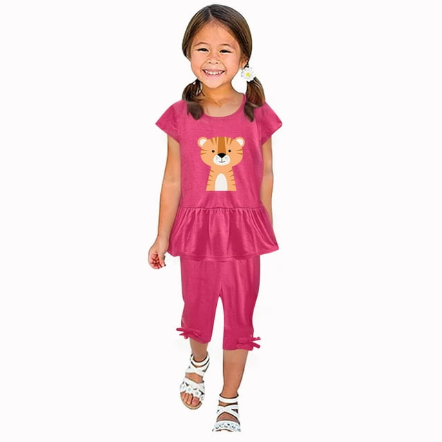 LSLJS Girl's Été Col Rond Petit Imprimé Manches Courtes Volants Taille Élastique Recadrée Pantalon Deux Pièces Ensemble Vêtements d'Été Vêtements pour Enfants à la Mode 2024