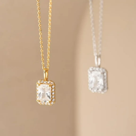 2.00 TCW Emerald Cut Real Moissanite Pendant Necklace Halo Charm Necklace Perfect Gift For Her 18k Yellow Gold Plated