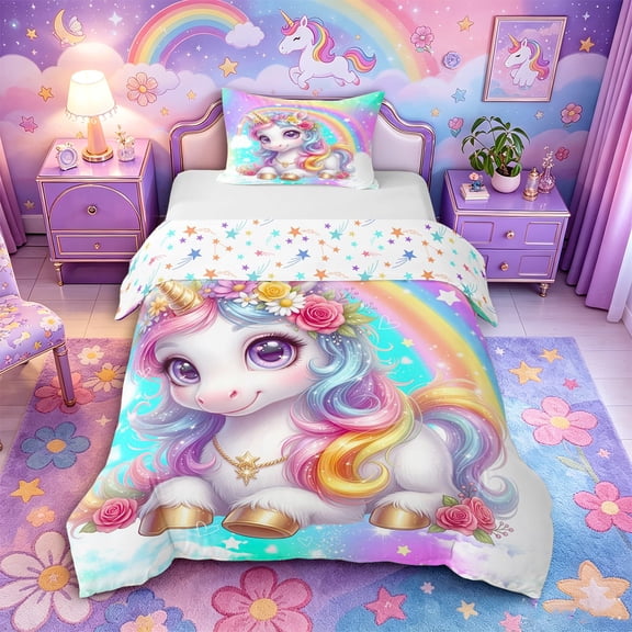 Metsweet Dreamy Floral Unicorn Twin Duvet Cover, Gradient Rainbow Twin Bedding,2pcs,1 Duvet Cover and 1 Pillowcase